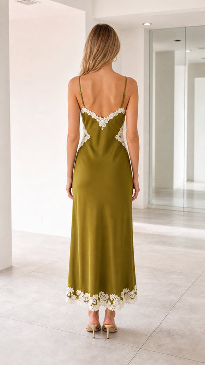 Olive satin maxi dress back view