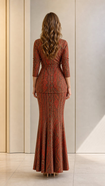 Back view of rust paisley wrap blazer and fitted maxi skirt