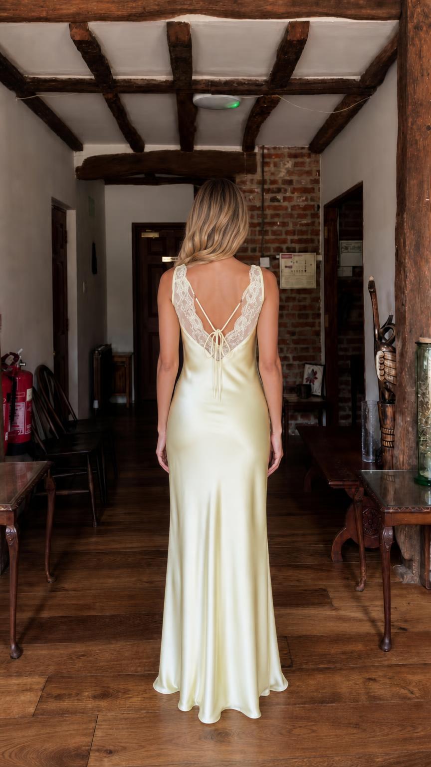 Back view showing lace detailing on yellow dress