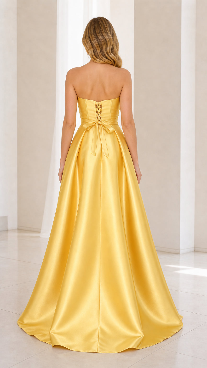 Back view of yellow satin evening dress showing lace-up details
