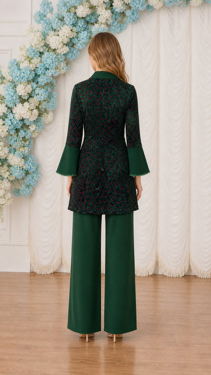 Back view of model in elegant Dark Green longline tunic top and wide-leg trousers