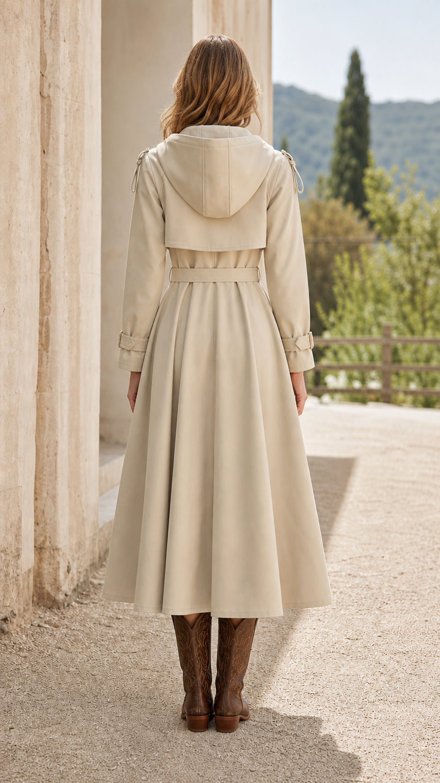 Back view of beige trench coat showing hood and swing skirt detail