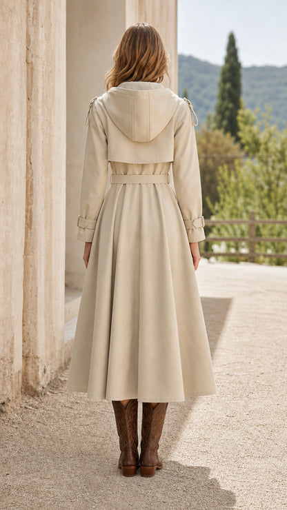 Back view of beige trench coat showing hood and swing skirt detail