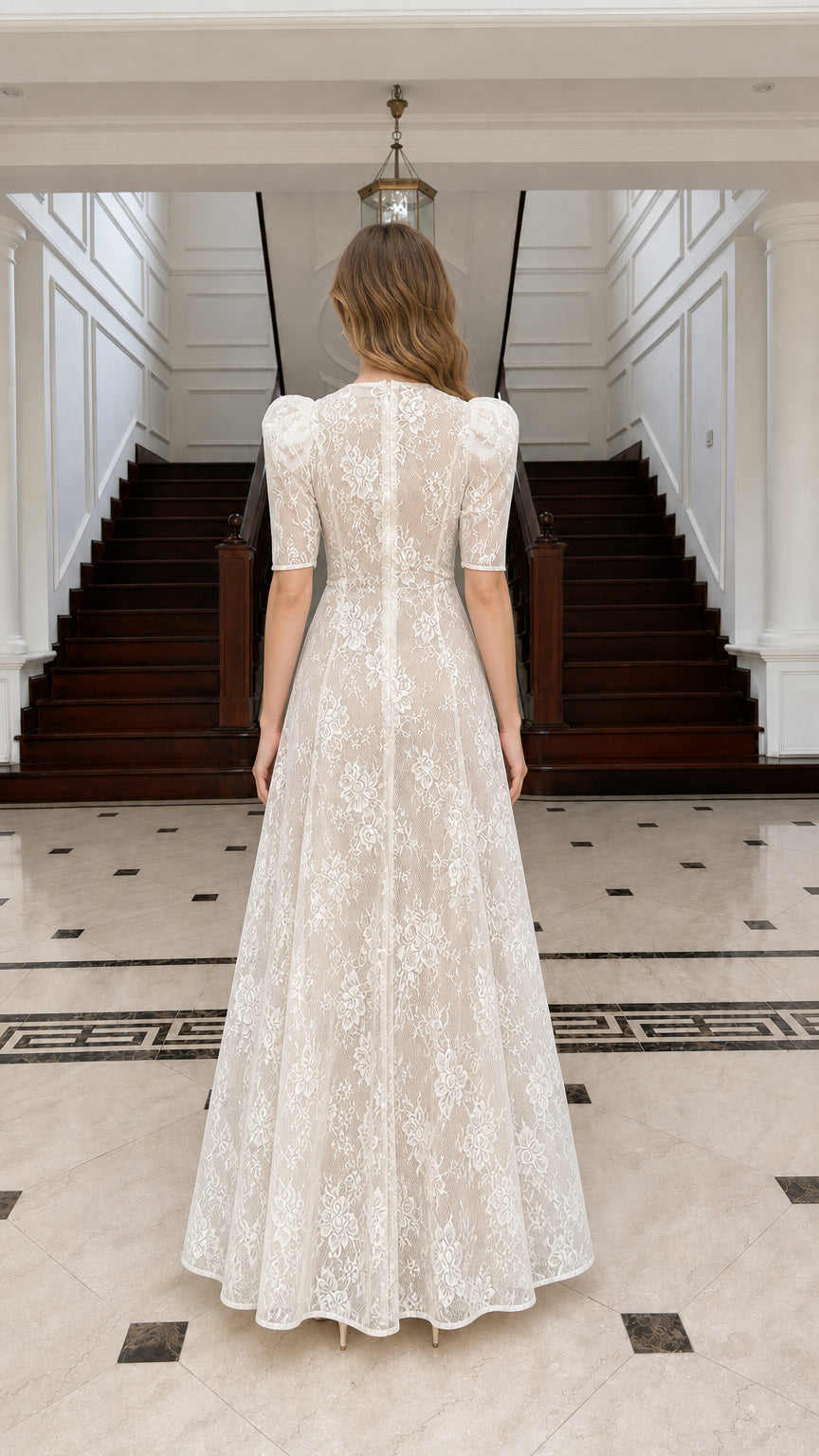 Back view of Champagne lace maxi dress