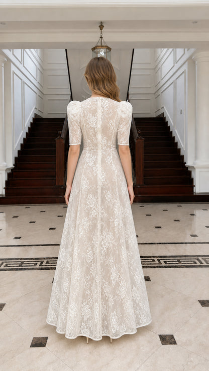Back view of Champagne lace maxi dress