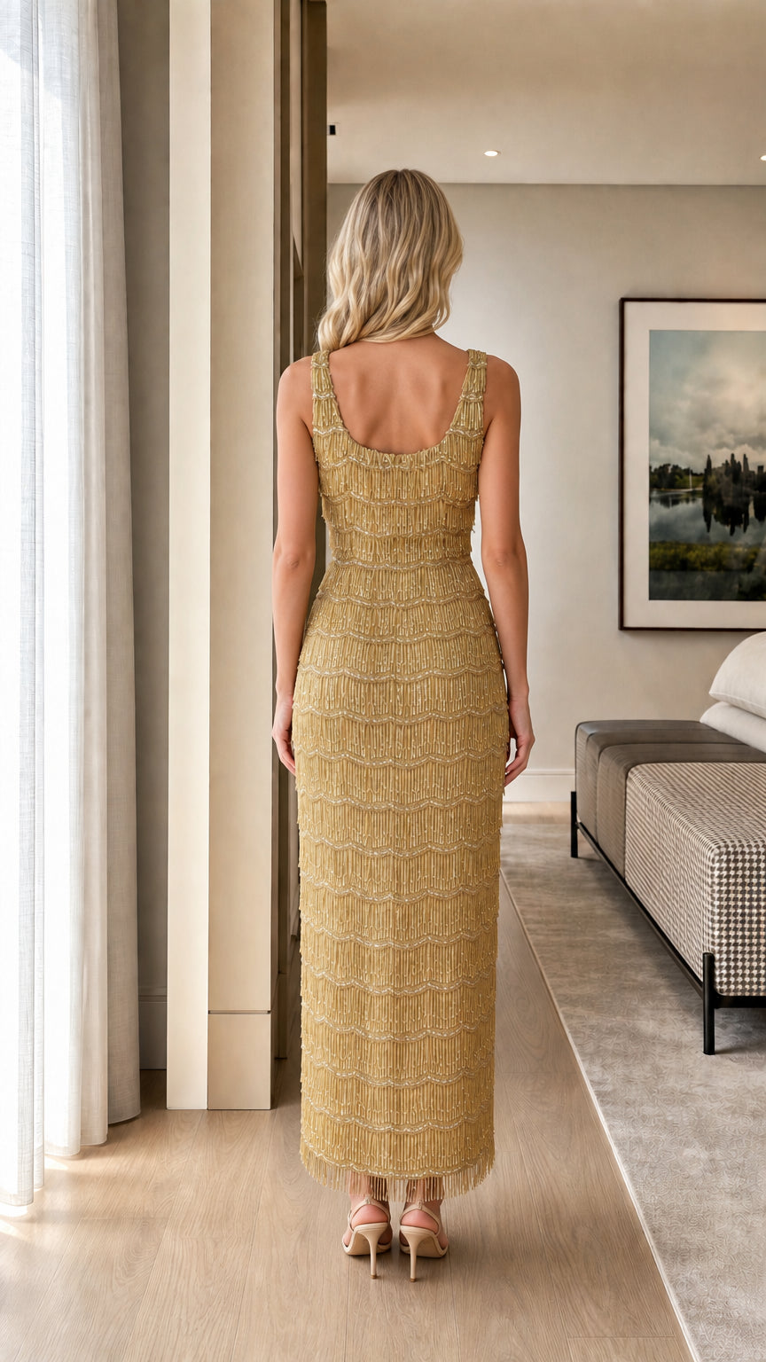 Back view of gold beaded fringe maxi dress