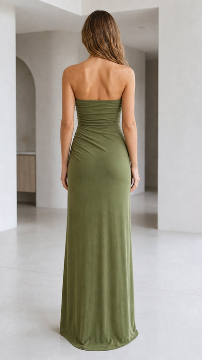 Back view of strapless olive green evening gown