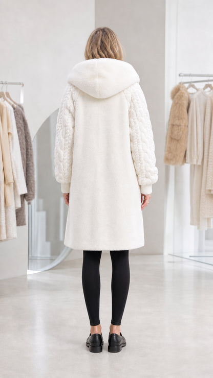 Back view of the ivory women's hooded faux fur coat