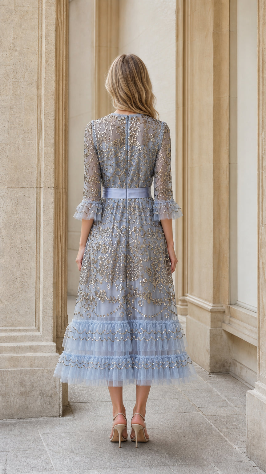 Back view of light blue sequin embroidered tulle midi dress