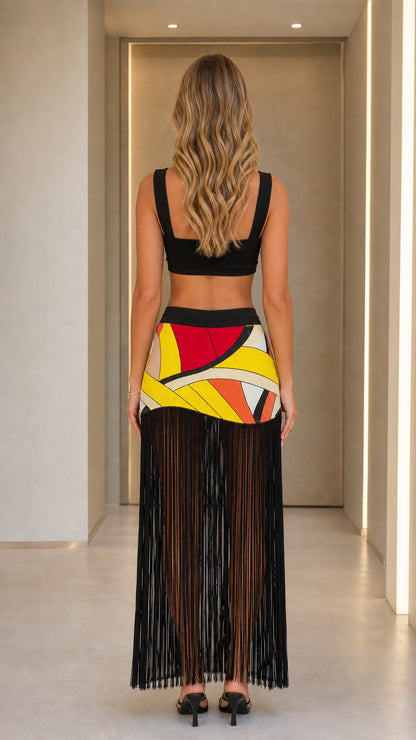 Back view of geometric patchwork fringe maxi skirt set