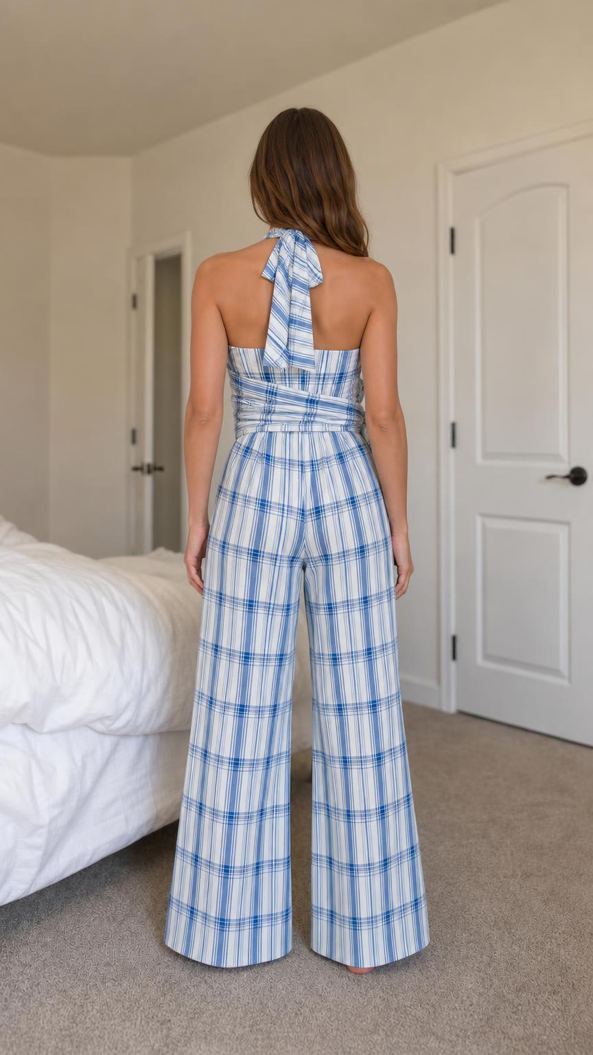 Back view of model showing halter neck tie and blue plaid jumpsuit