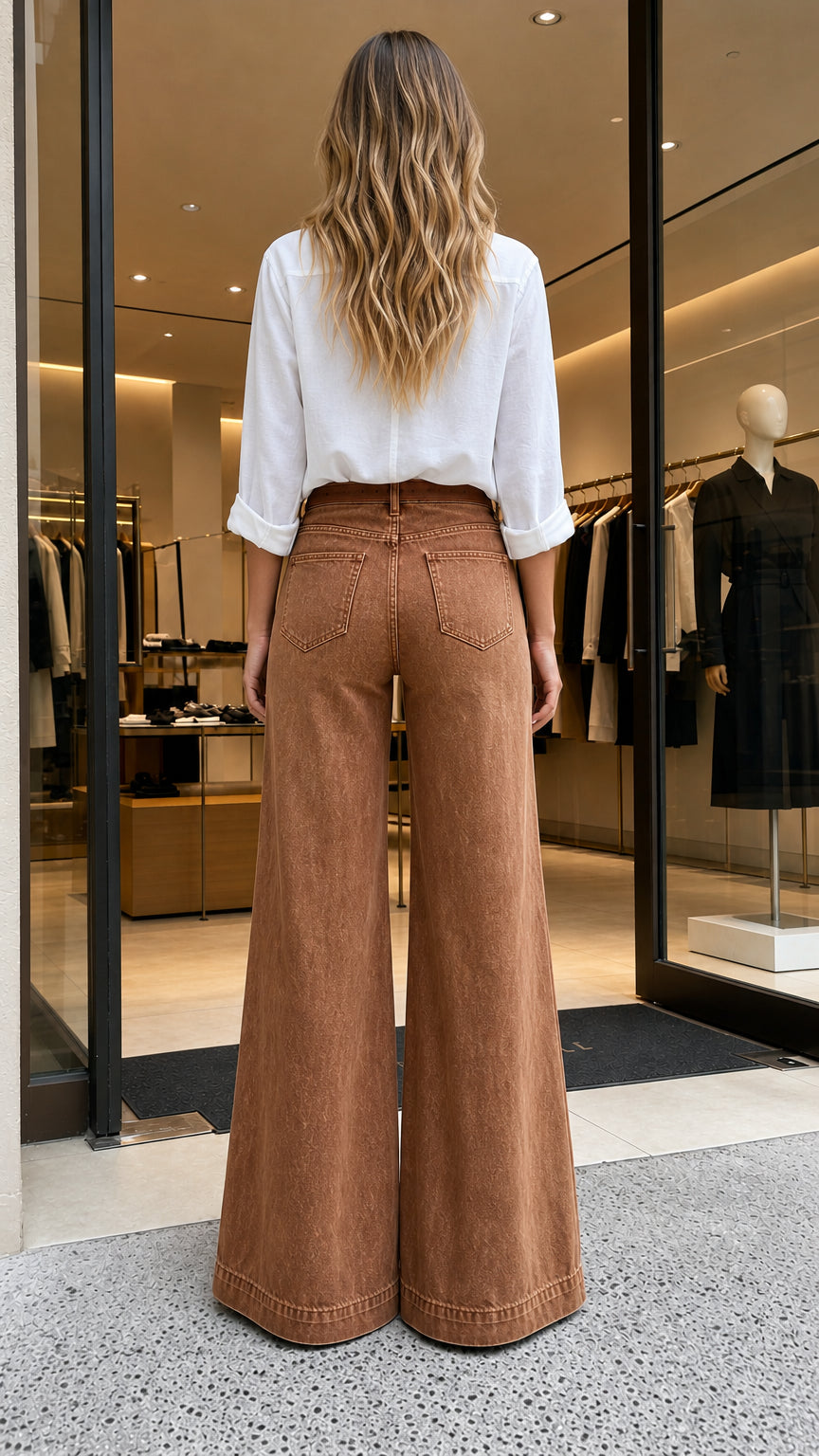 Back view of woman in brown wide-leg jeans