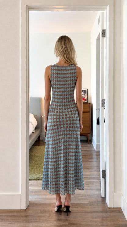 Back view of model wearing blue argyle dress