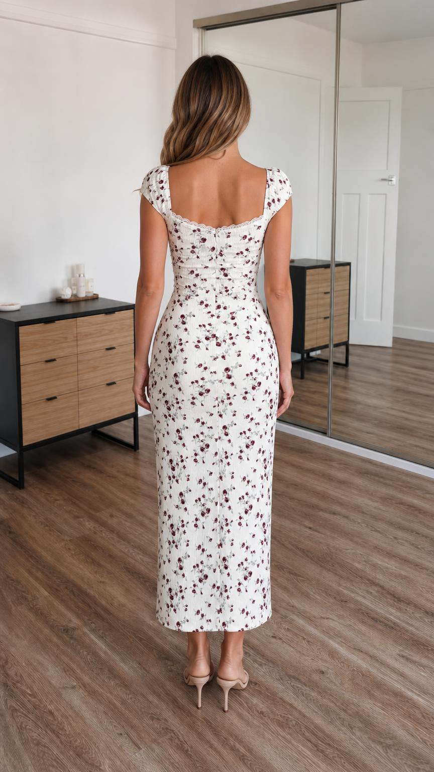 Back view of model wearing White floral midi dress