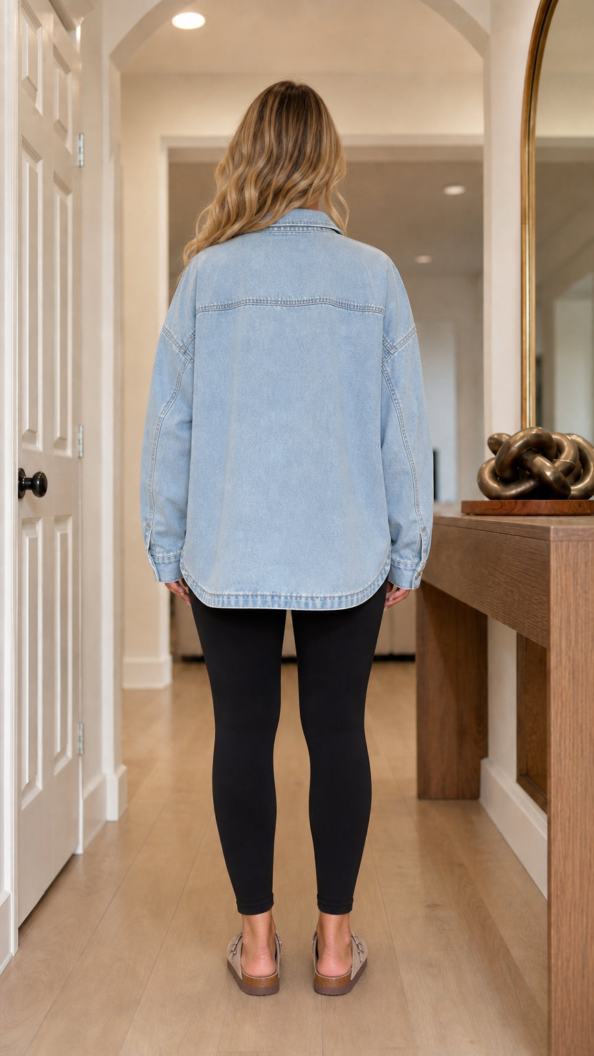 Back view of light blue denim shacket