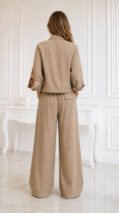 Back view of model wearing khaki matching jacket and wide-leg trousers