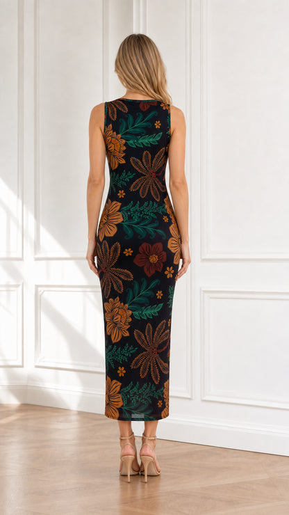 Back view of model wearing black botanical floral print midi dress