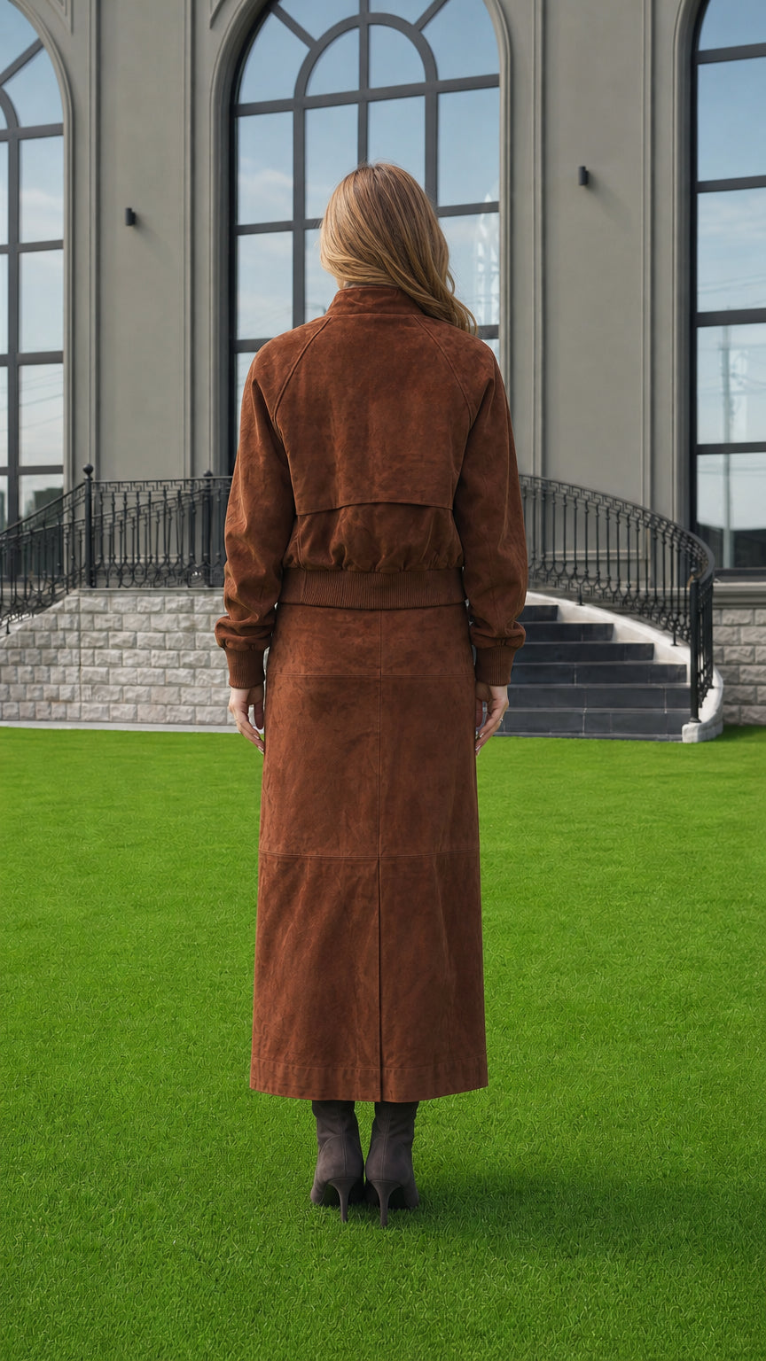Back view of woman wearing Cognac Brown suede-finish bomber jacket and long skirt