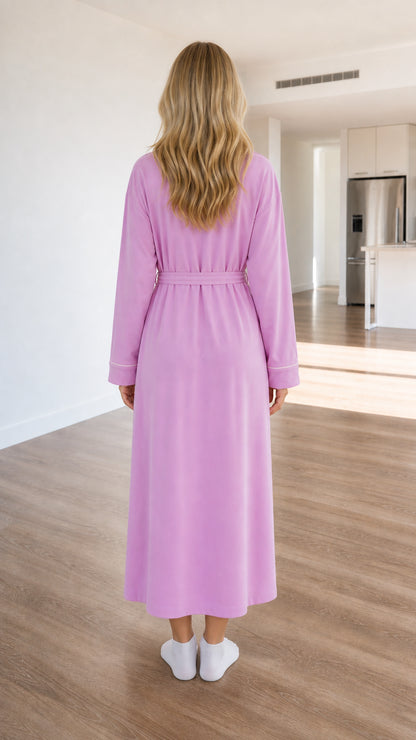 Back view of model in lilac midi wrap robe