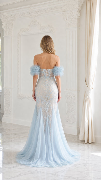 Back view of light blue evening dress with sweeping train
