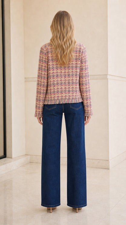 Model wearing multi pink tweed jacket back view
