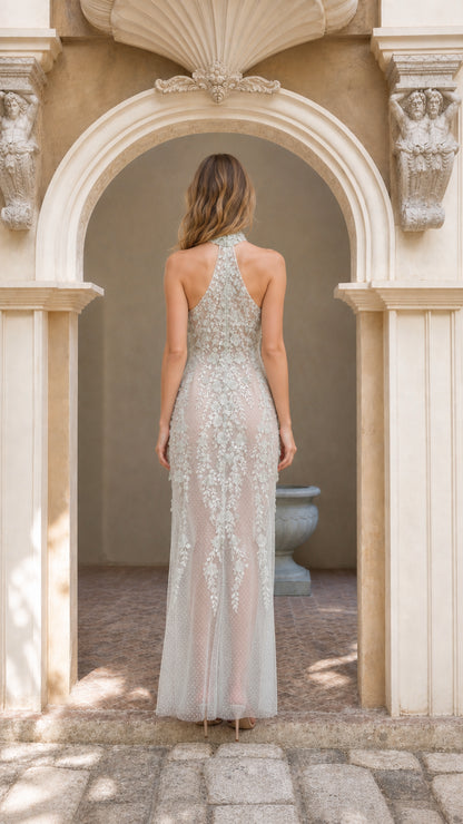 Back view of mint embroidered maxi dress