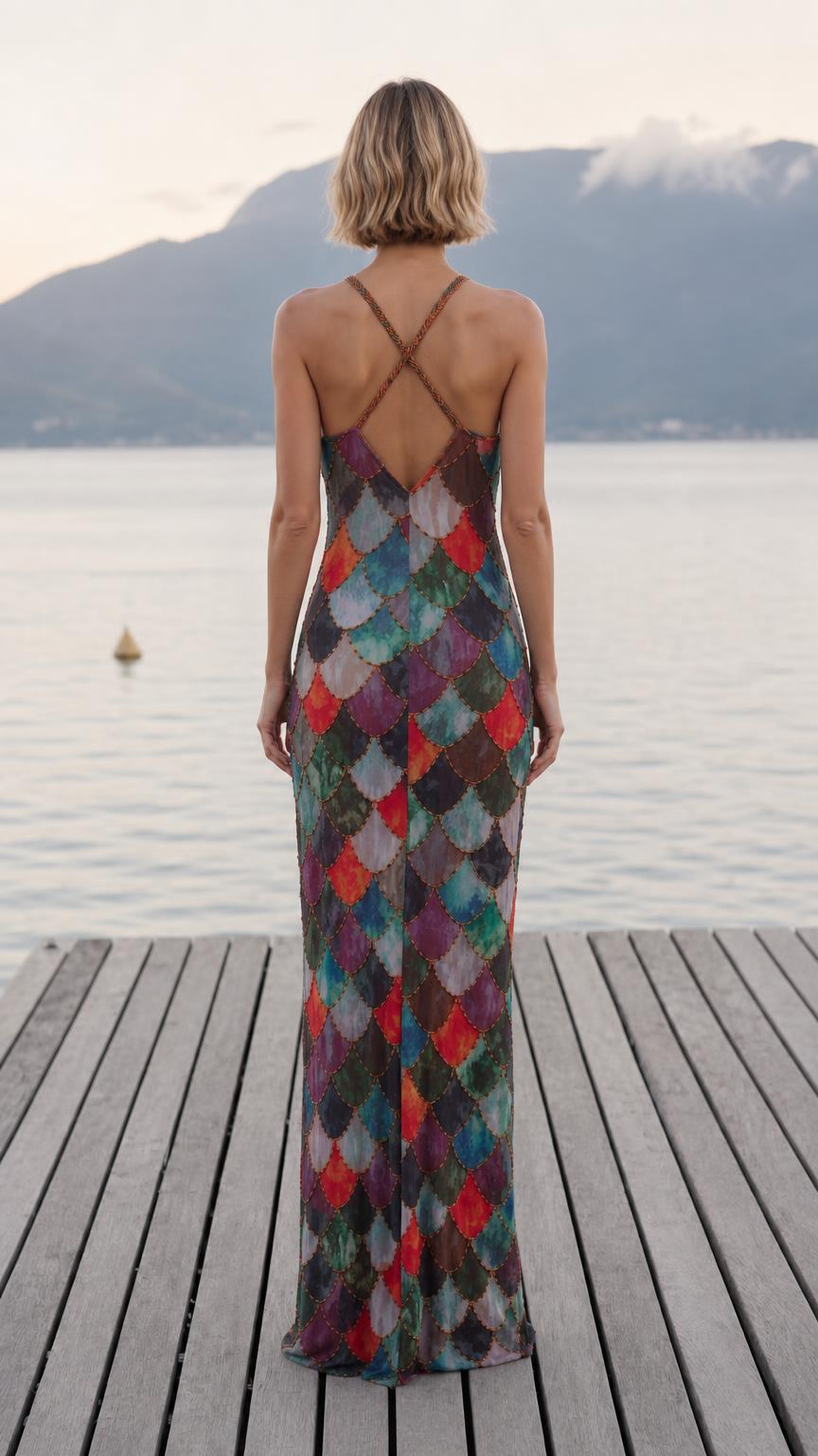 Back view showing open back and straps of the maxi dress
