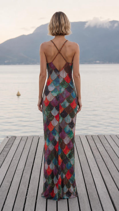 Back view showing open back and straps of the maxi dress