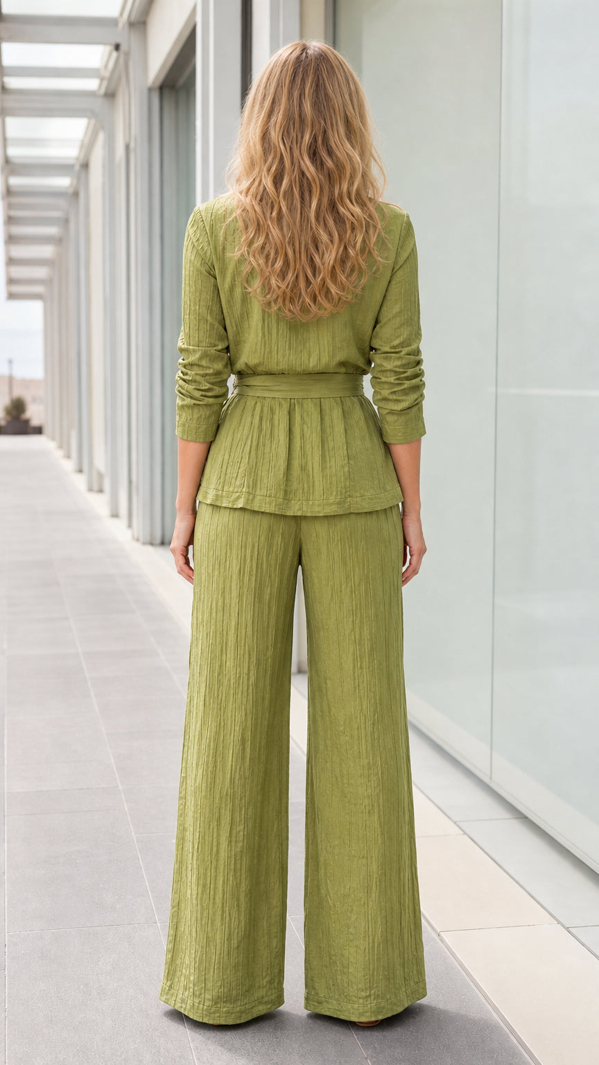 Back view of woman wearing sage green two piece pants set