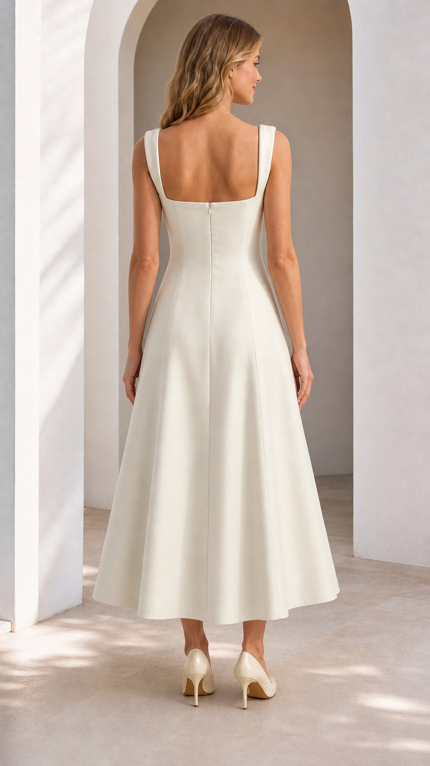Back view of white square neck midi dress