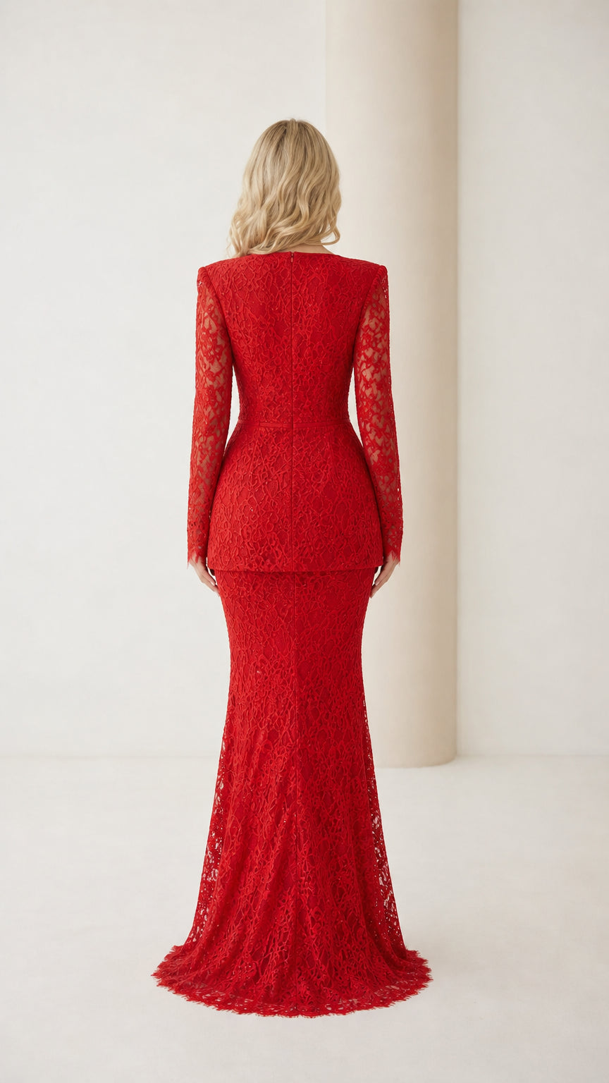 Back view of the red lace formal dress with sweeping train