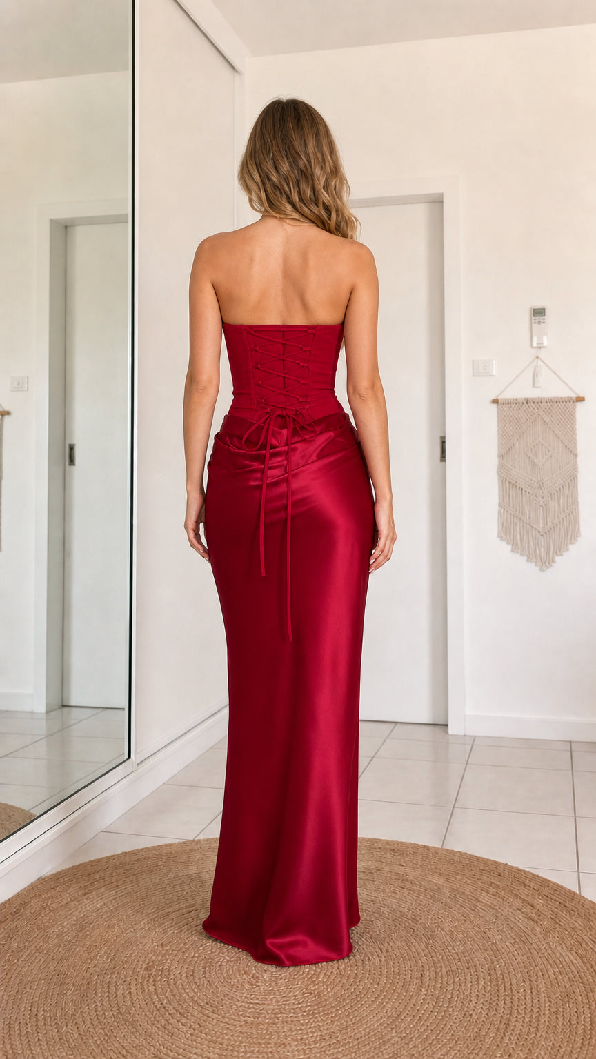 Burgundy lace-up back maxi dress shown from behind