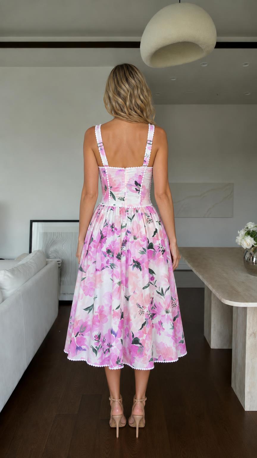 Back view of model in pink floral midi dress