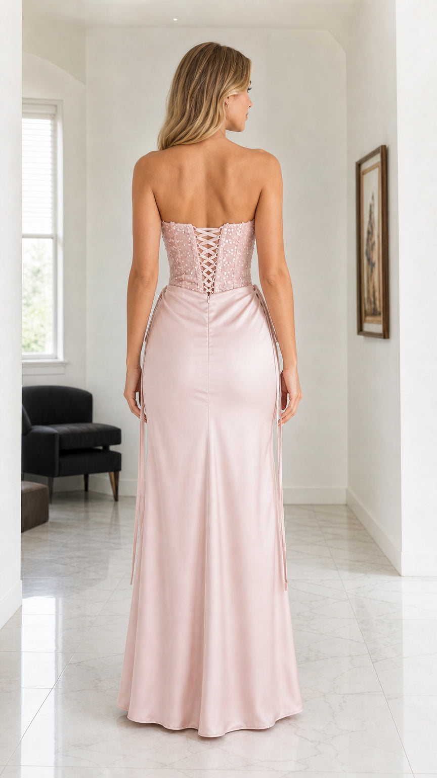 Pink formal dress showing lace-up back detail