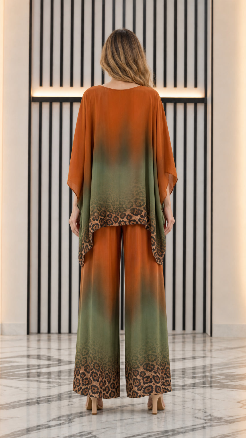 Back view of rust and olive ombre pant set