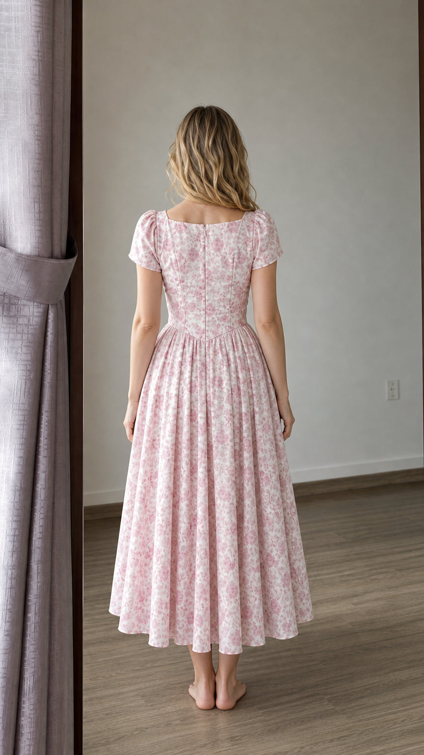 Back view of woman wearing pink floral midi dress