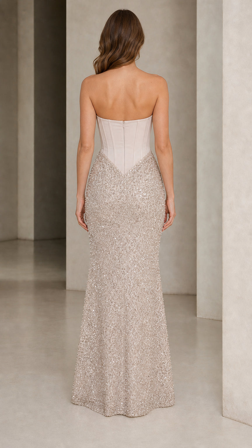 Back view of champagne formal dress