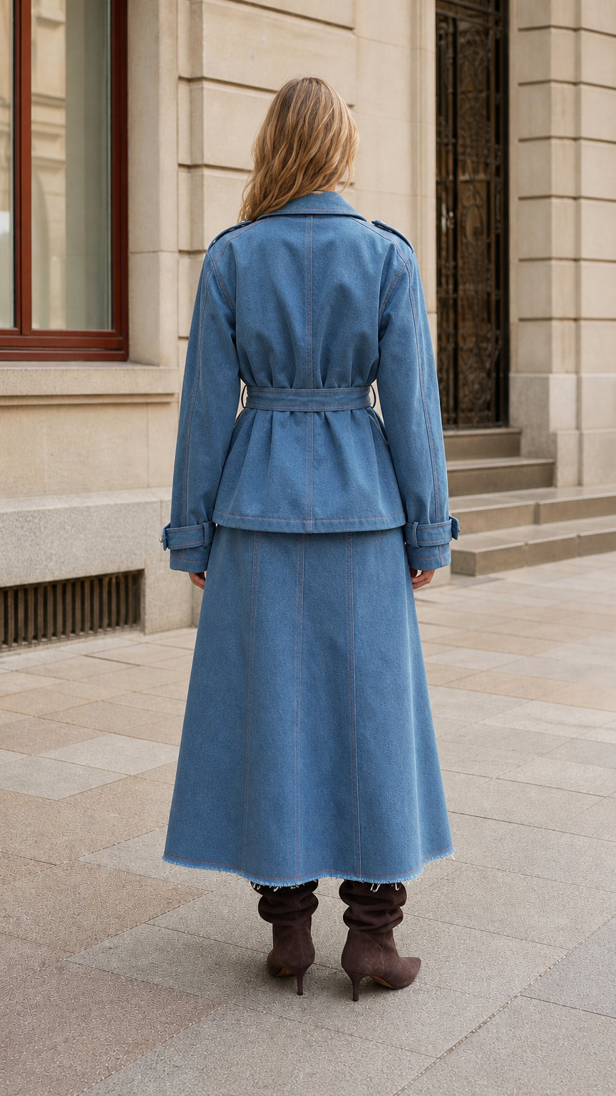 Back full-length view of Denim Blue two-piece belted jacket and long skirt set