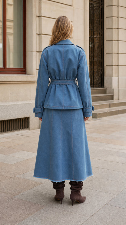 Back full-length view of Denim Blue two-piece belted jacket and long skirt set