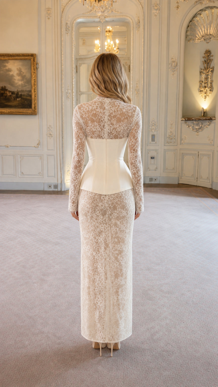 Back view of white lace maxi dress with sheer sleeves