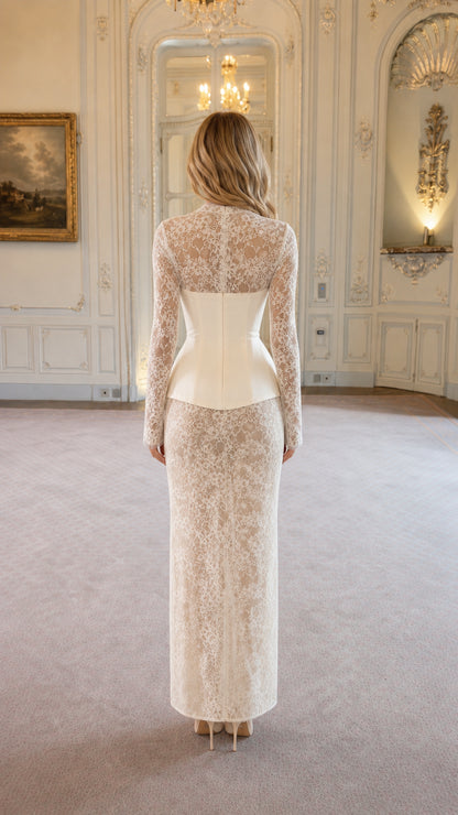 Back view of white lace maxi dress with sheer sleeves
