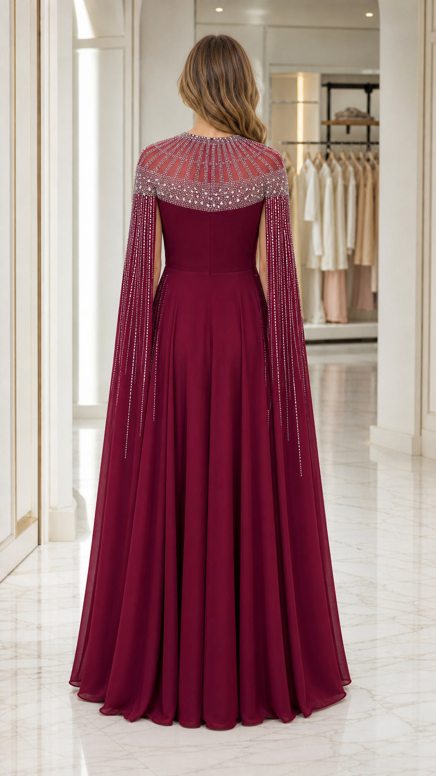 Back view of burgundy floor-length formal dress