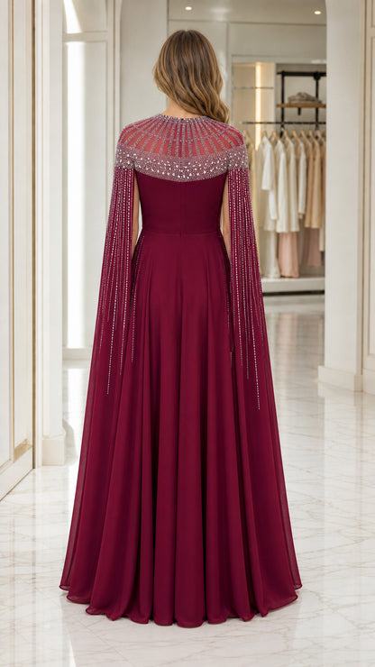 Back view of burgundy floor-length formal dress