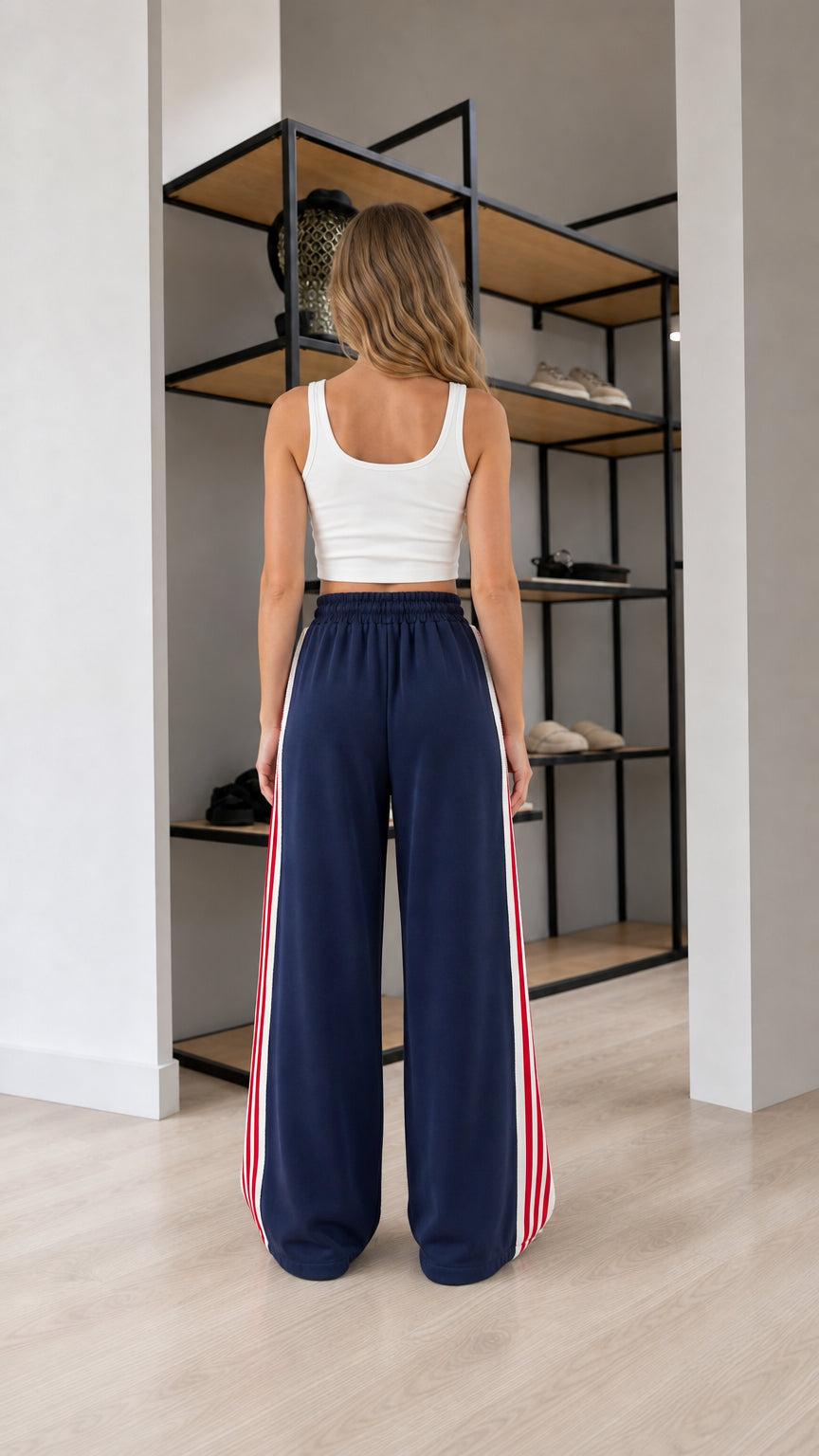 Back view of model wearing Navy Blue wide leg drawstring lounge pants