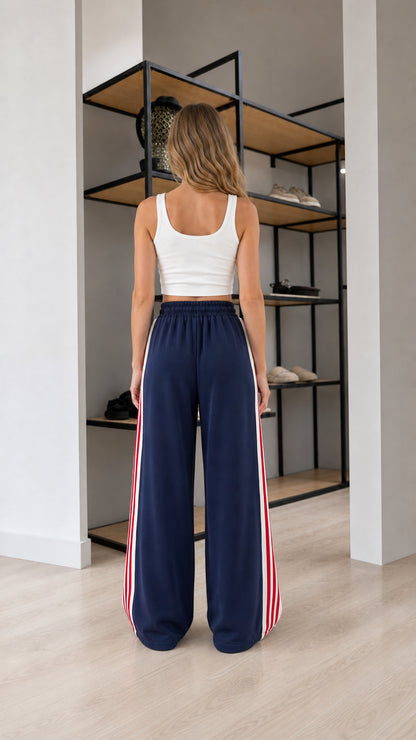 Back view of model wearing Navy Blue wide leg drawstring lounge pants