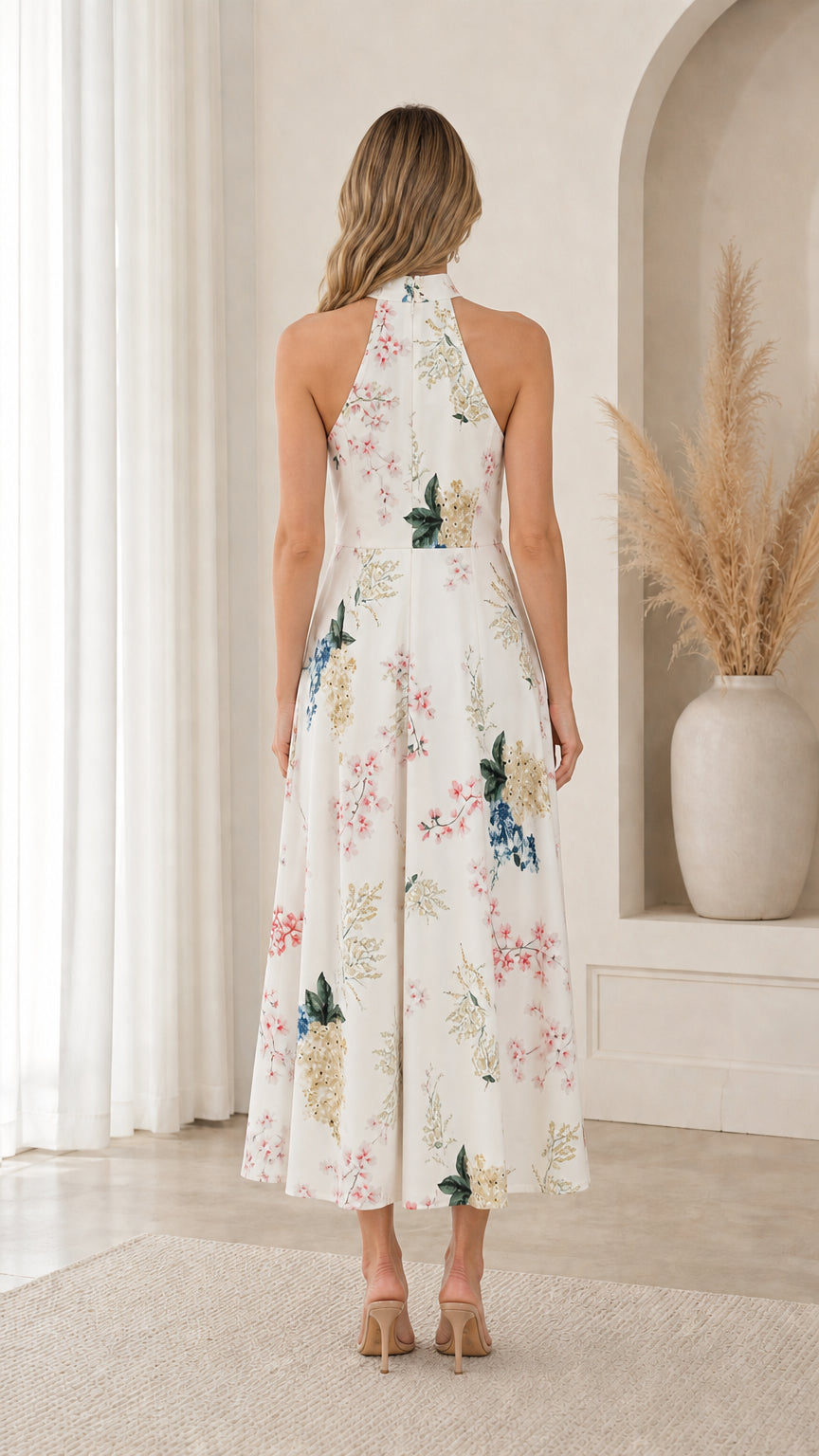 Back view of model showcasing floral pattern and halter neck detail