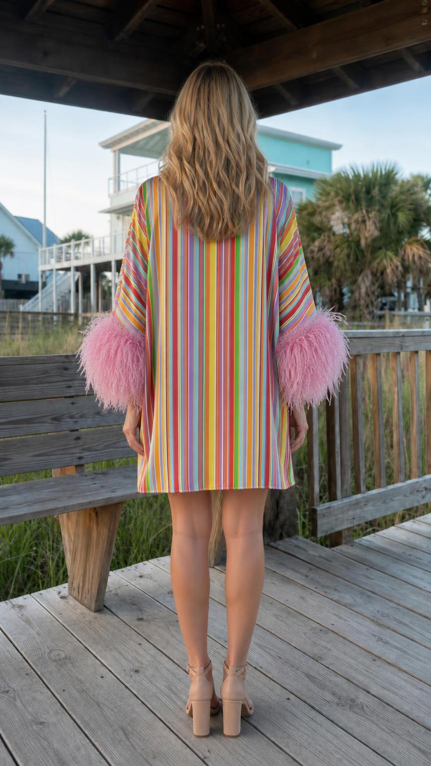 Back view of vibrant multi-color striped feather-trim dress
