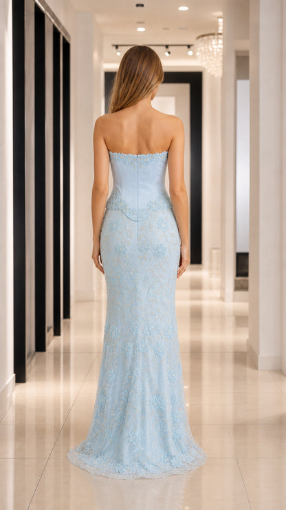 Back view of light blue strapless evening dress