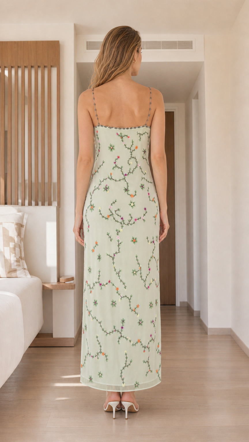 Back view of sage maxi dress