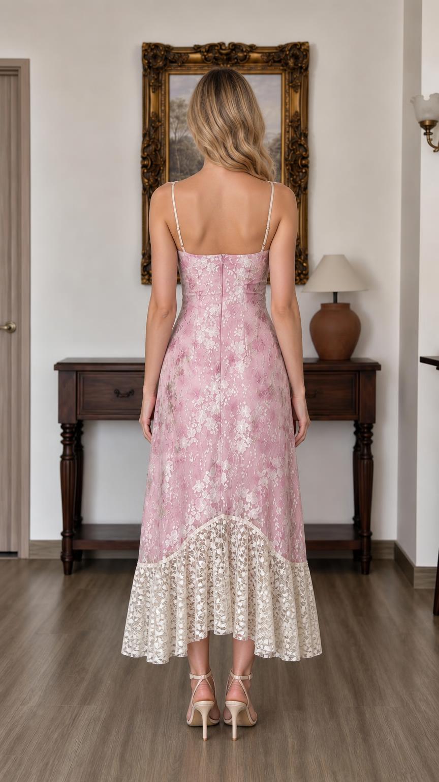 Back view of pink floral lace midi dress